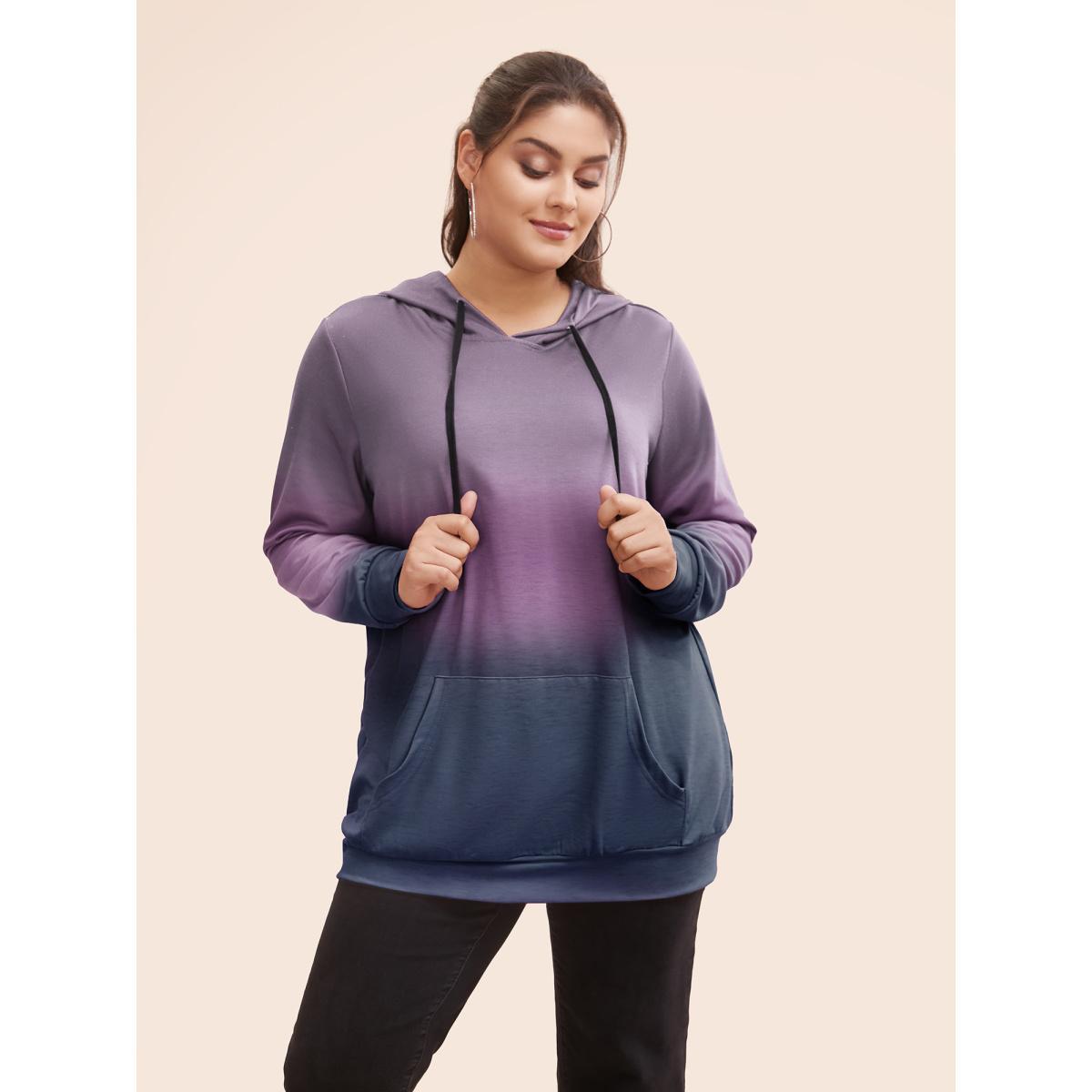 Plus Size Ombre Pocket Drawstring Hooded Sweatshirt Women Teal Casual Elastic cuffs Hooded Everyday Sweatshirts BloomChic 18-20/2X Product Image
