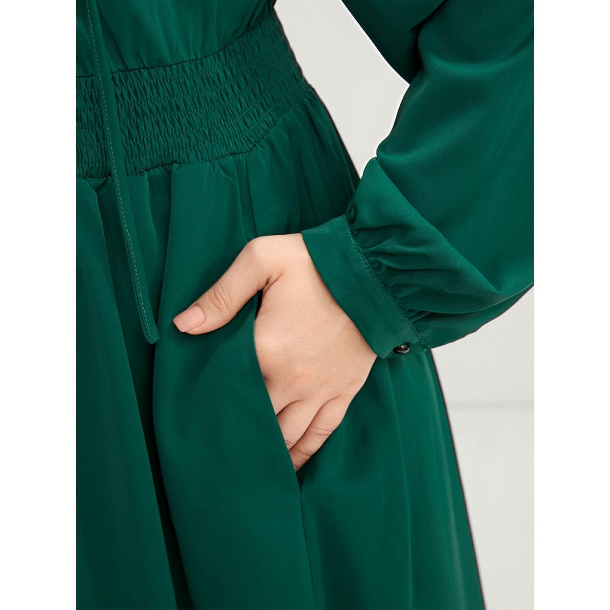 Plus Size Solid Pocket Shirred Tie V Neck Ruffle Hem Dress DarkGreen Women Elegant Cross straps V-neck Long Sleeve Curvy Midi Dress BloomChic 14-16/1X Product Image