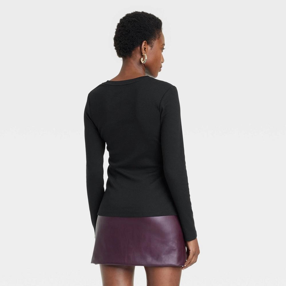 Womens Slim Fit Long Sleeve Ribbed T-Shirt - A New Day Black XL Product Image