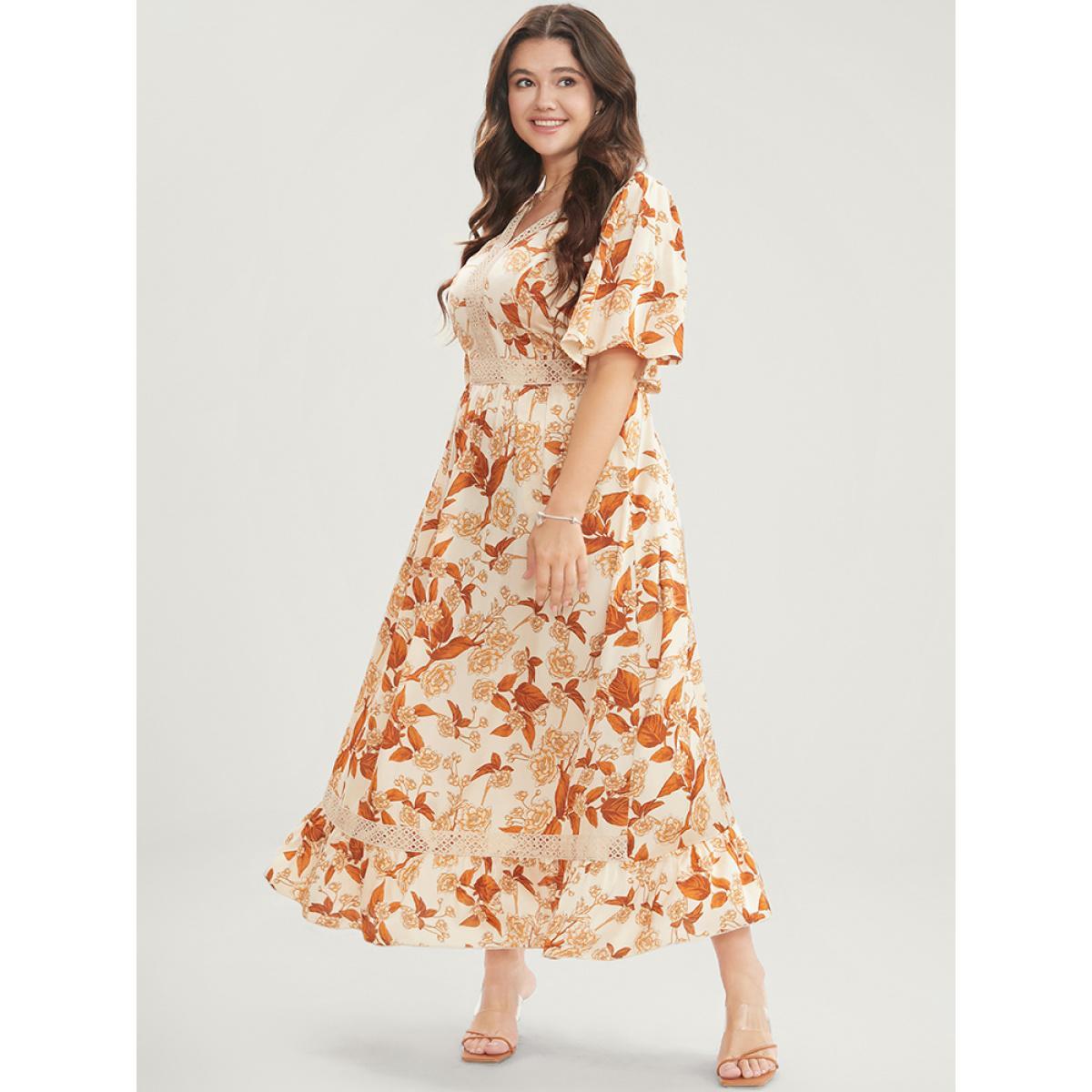 Plus Size Floral Printed Crochet Lace Pocket Flutter Maxi Dress Chocolate Women Elegant Gathered V-neck Half Sleeve Curvy Long Dress BloomChic 26/4X Product Image
