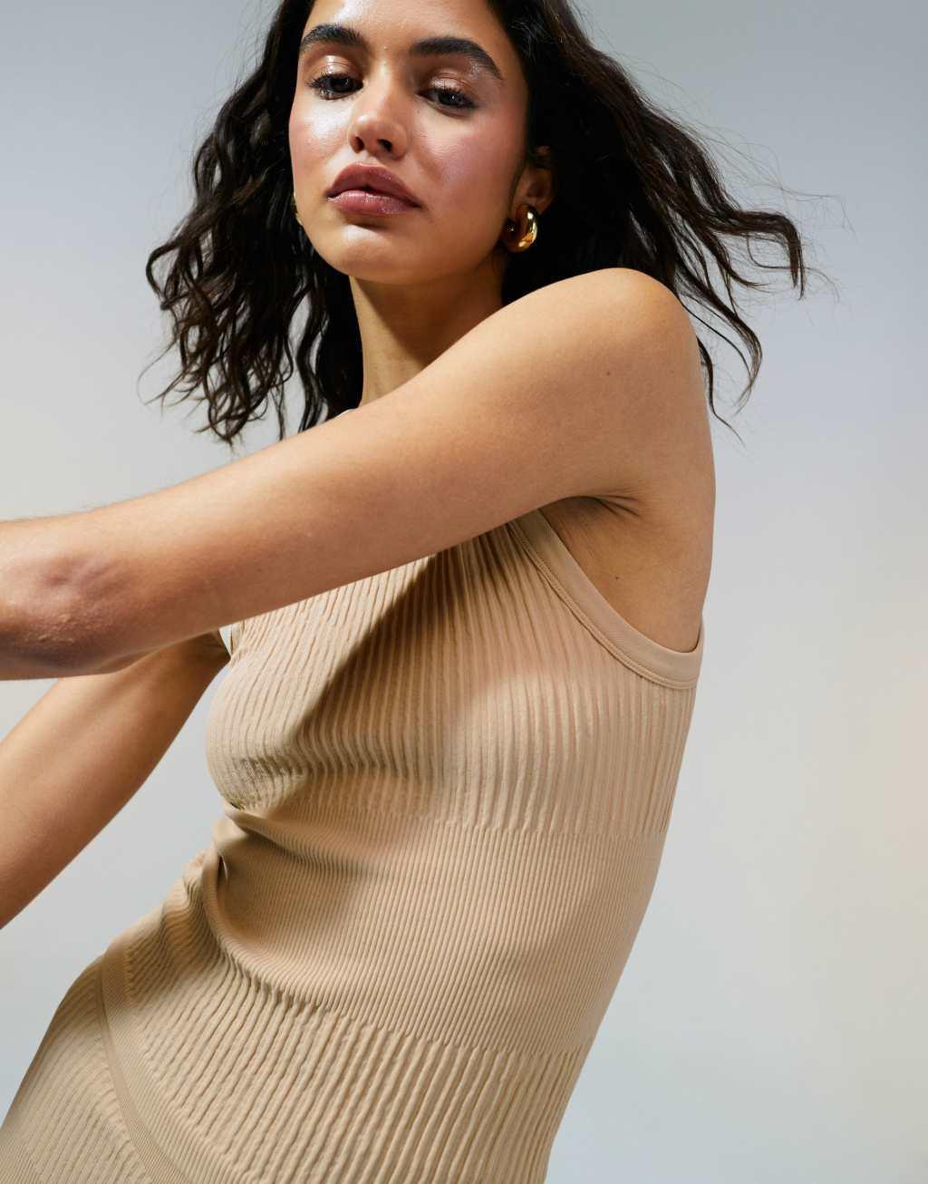 ASOS DESIGN seamless sculpting mixed rib tank top in pebble - part of a set Product Image