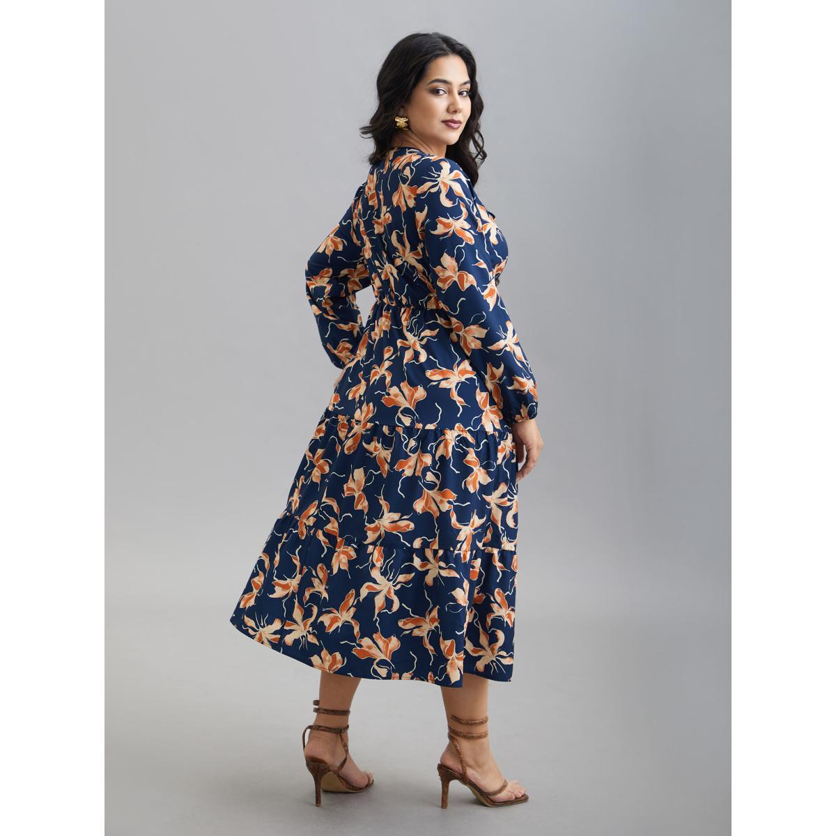Plus Size Tropical Flower Print Pockets Waist-Tie Midi Dress Navy Women Elegant Tie knot Round Neck Long Sleeve Curvy BloomChic 12/L Product Image