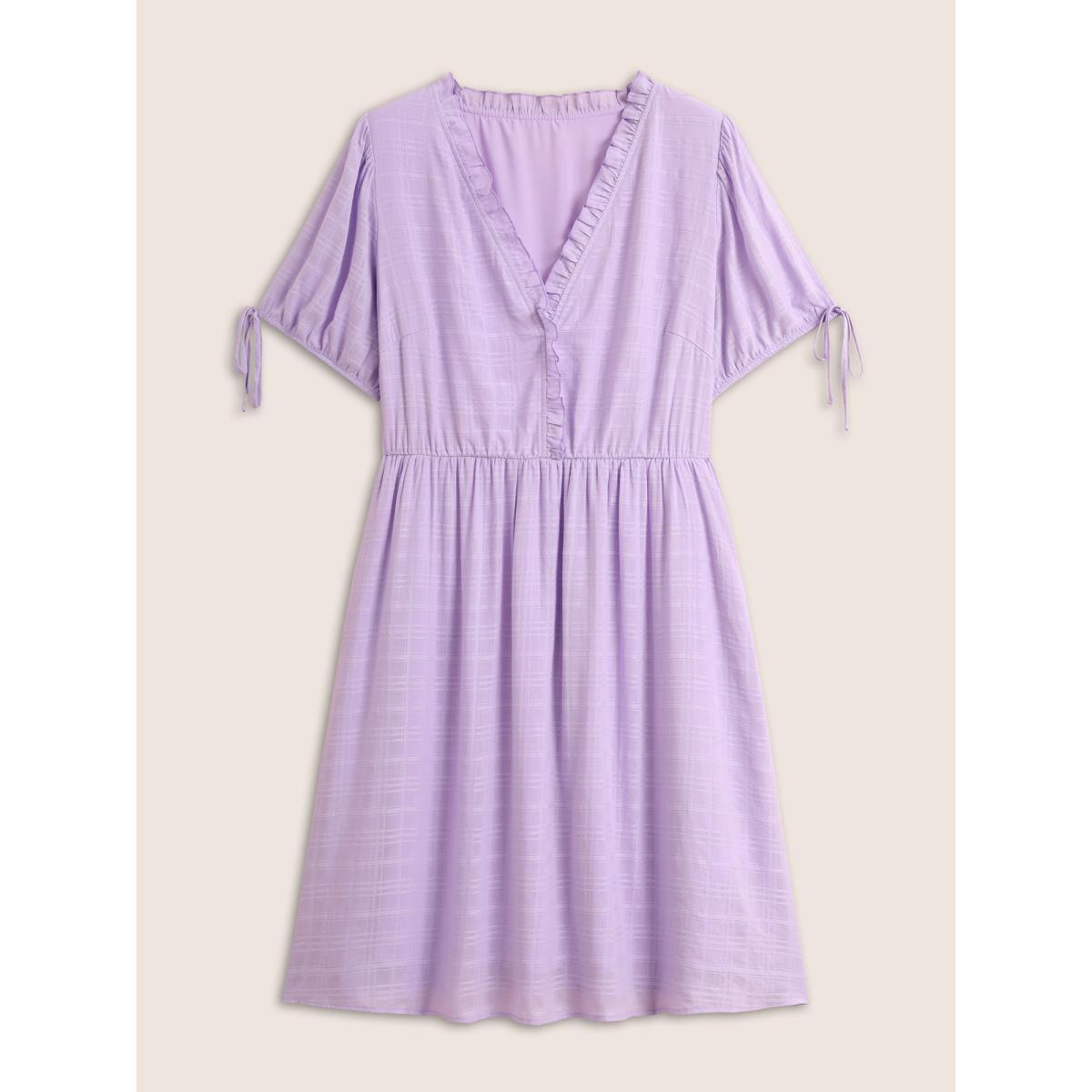Plus Size Plaid Drawstring Puff Sleeve Frill Trim Dress Lilac Women Casual V-neck Short sleeve Curvy BloomChic 12/L Product Image