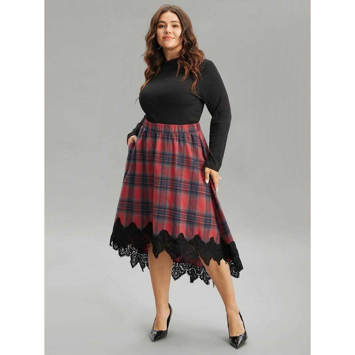 Plus Size Plaid Lace Panel Pocket High Low Hem Skirt Women Scarlet Elegant Patchwork No stretch Pocket Festival-Christmas Skirts BloomChic 18-20/2X Product Image