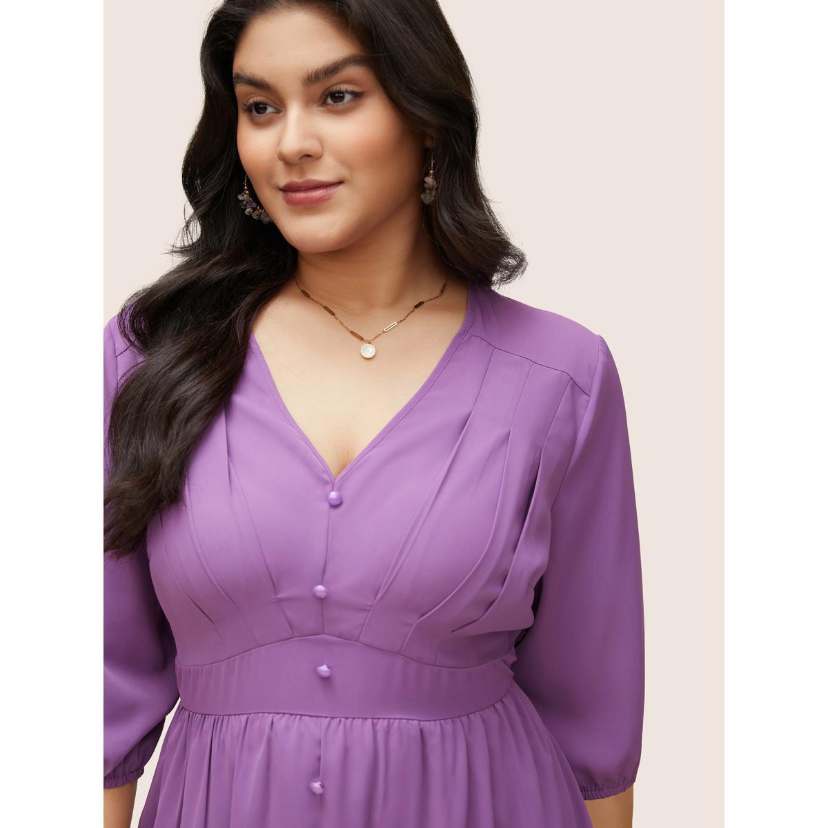 Plus Size Solid Patchwork Pleated Button Detail Dress Mauve Women At the Office Non V-neck Elbow-length sleeve Curvy Midi Dress BloomChic 22-24/3X Product Image
