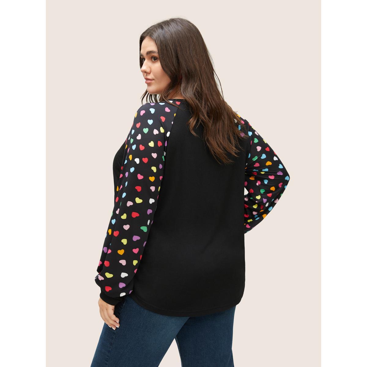 Plus Size Colour Heart Print Raglan Sleeve T-shirt Black Women Elegant Non Heart Print Round Neck Everyday T-shirts BloomChic 22-24/3X Product Image