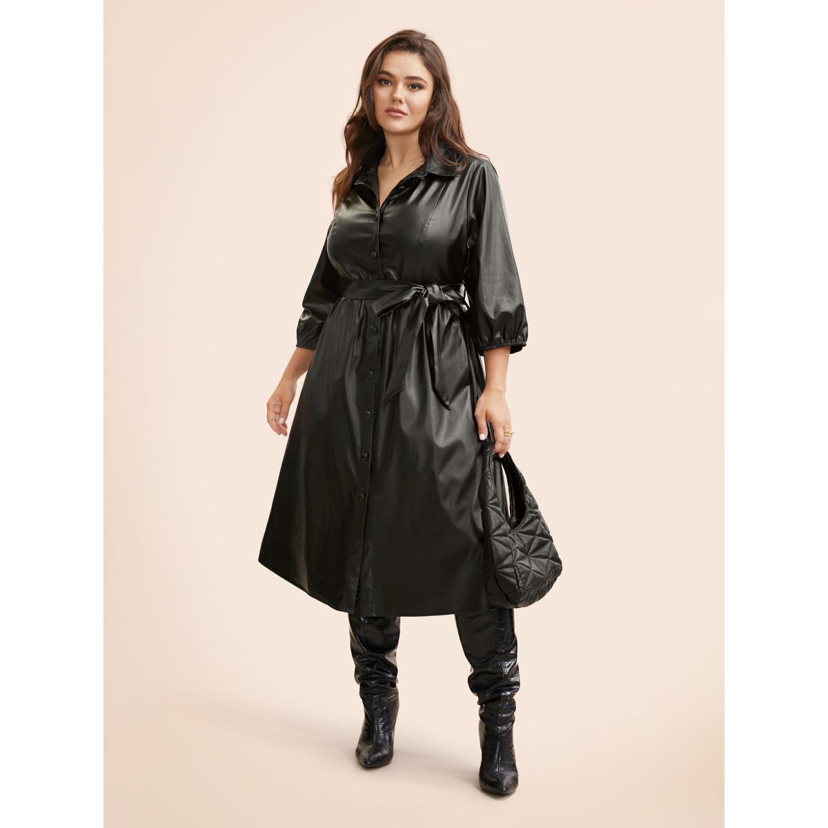 Plus Size Shirt Collar PU Leather Belted Dress Black Women Elegant Belted Shirt collar Elbow-length sleeve Curvy BloomChic 26/4X Product Image