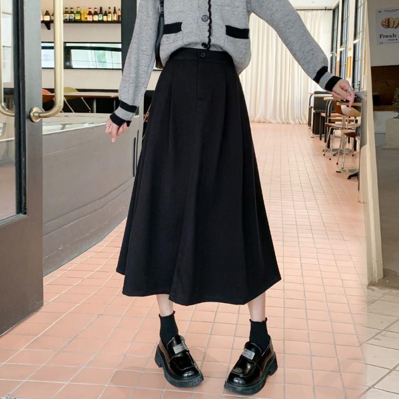 High Waist Plain Midi A-Line Skirt Product Image