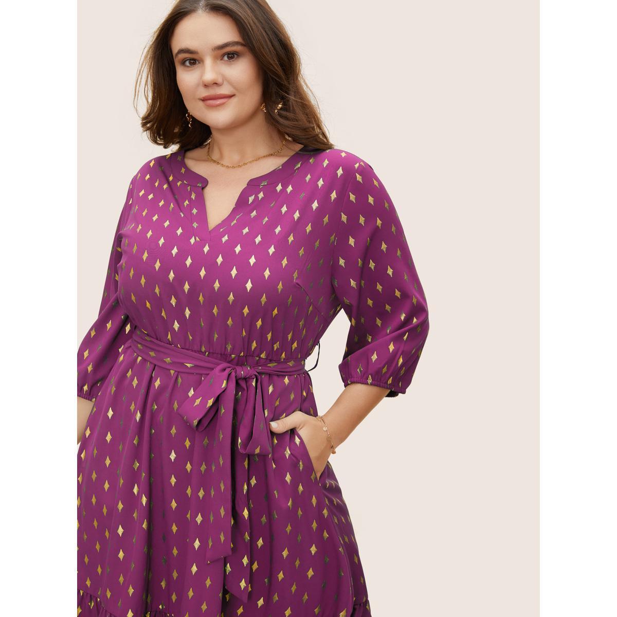 Plus Size Glitter Notched Lantern Sleeve Midi Dress Deeppurplered Women Formal Gathered Notched collar Elbow-length sleeve Curvy BloomChic 12/L Product Image
