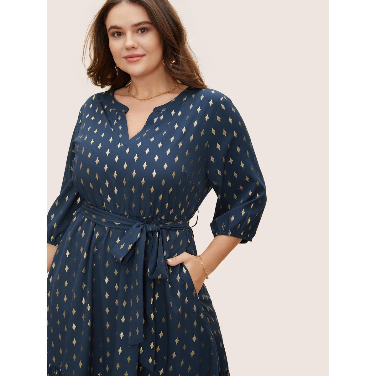 Plus Size Glitter Notched Lantern Sleeve Midi Dress Indigo Women Formal Gathered Notched collar Elbow-length sleeve Curvy BloomChic 30/6X Product Image