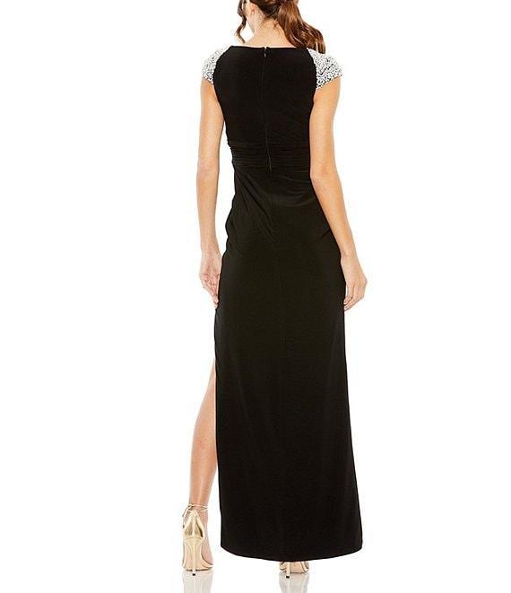 Mac Duggal V-Neck Embellished Cap Sleeve High Slit Faux Wrap Gown Product Image