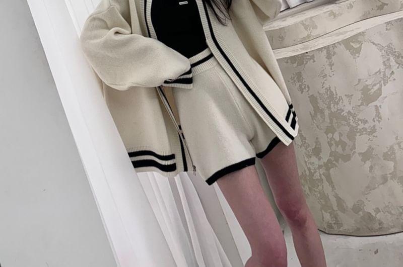 Set: V-Neck Contrast Trim Zip-Up Cardigan + High Waist Knit Shorts Product Image