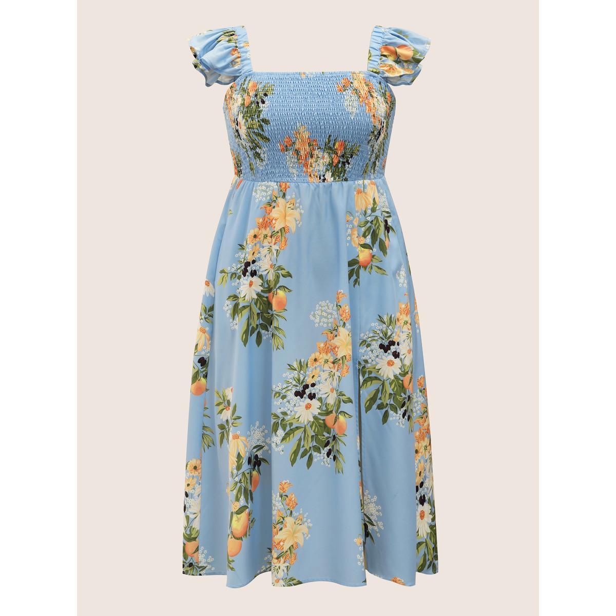 Plus Size Citrus Oranges Print Shirred Ruffle Trim Split Hem Dress Stone Women Elegant Non Square Neck Sleeveless Curvy Midi Dress BloomChic 18-20/2X Product Image