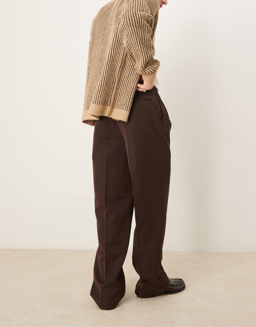ASOS DESIGN smart wide leg pants with double pleats in brown Product Image