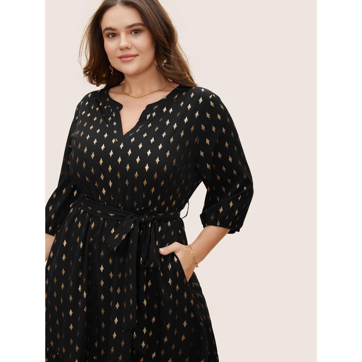 Plus Size Glitter Notched Lantern Sleeve Midi Dress Indigo Women Formal Gathered Notched collar Elbow-length sleeve Curvy BloomChic 30/6X Product Image