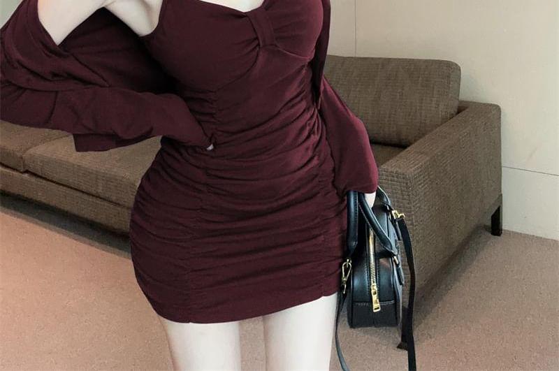 Set: Spaghetti Strap V-Neck Plain Ruched Mini Sheath Dress + Cardigan Product Image