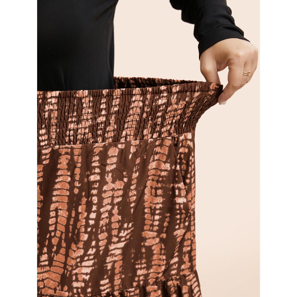 Plus Size Geometric Shirred Ruffle Layered Hem Skirt Women Browncoffeecolor Casual Shirred No stretch Slanted pocket Everyday Skirts BloomChic 14-16/1X Product Image