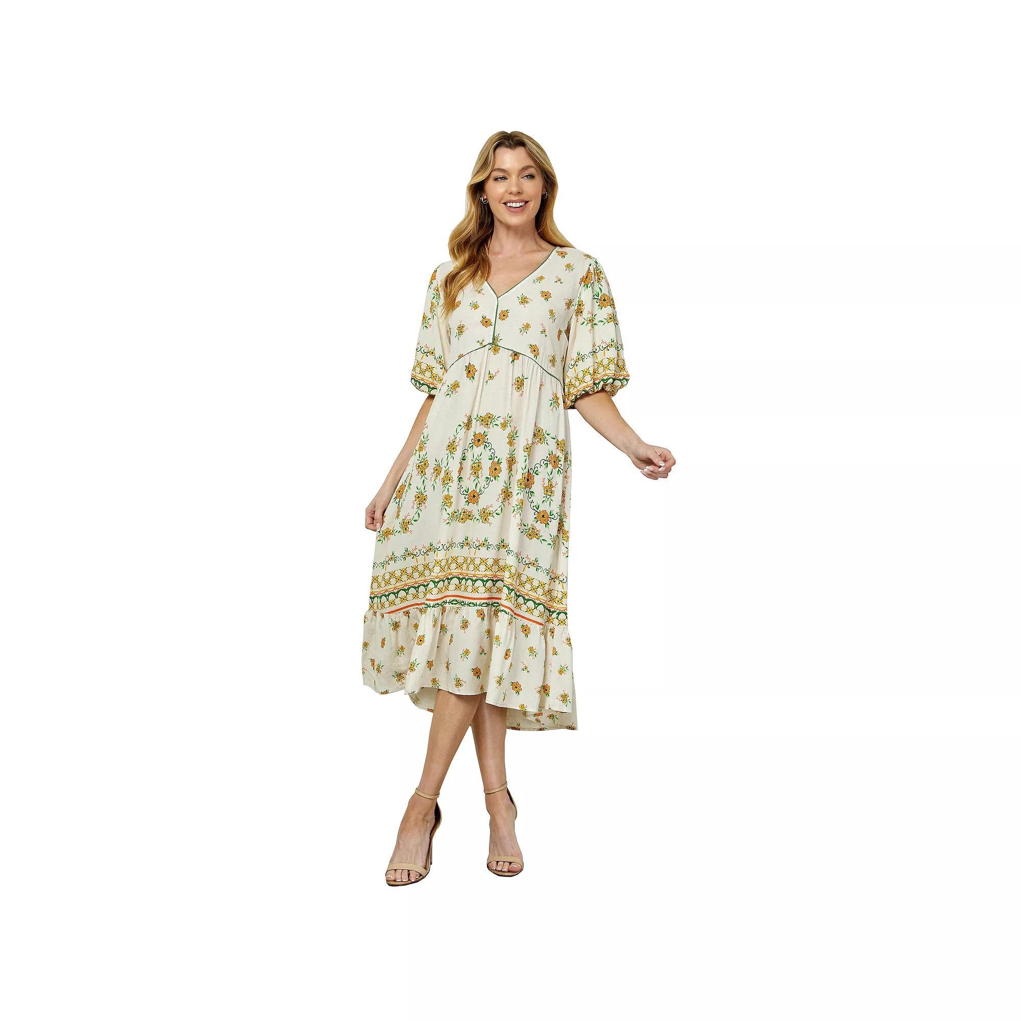 Women's Figueroa & Flower V-Neck Printed Peasant Dress, Size: XL, Ivory Yellow Product Image