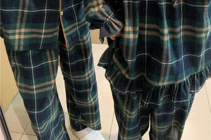 Couple Matching Long Sleeve Collared Plaid Pajama Shirt / V-Neck Bow Ruffle Panel Blouse / Straight Leg Pants / Set (Various Designs) Product Image