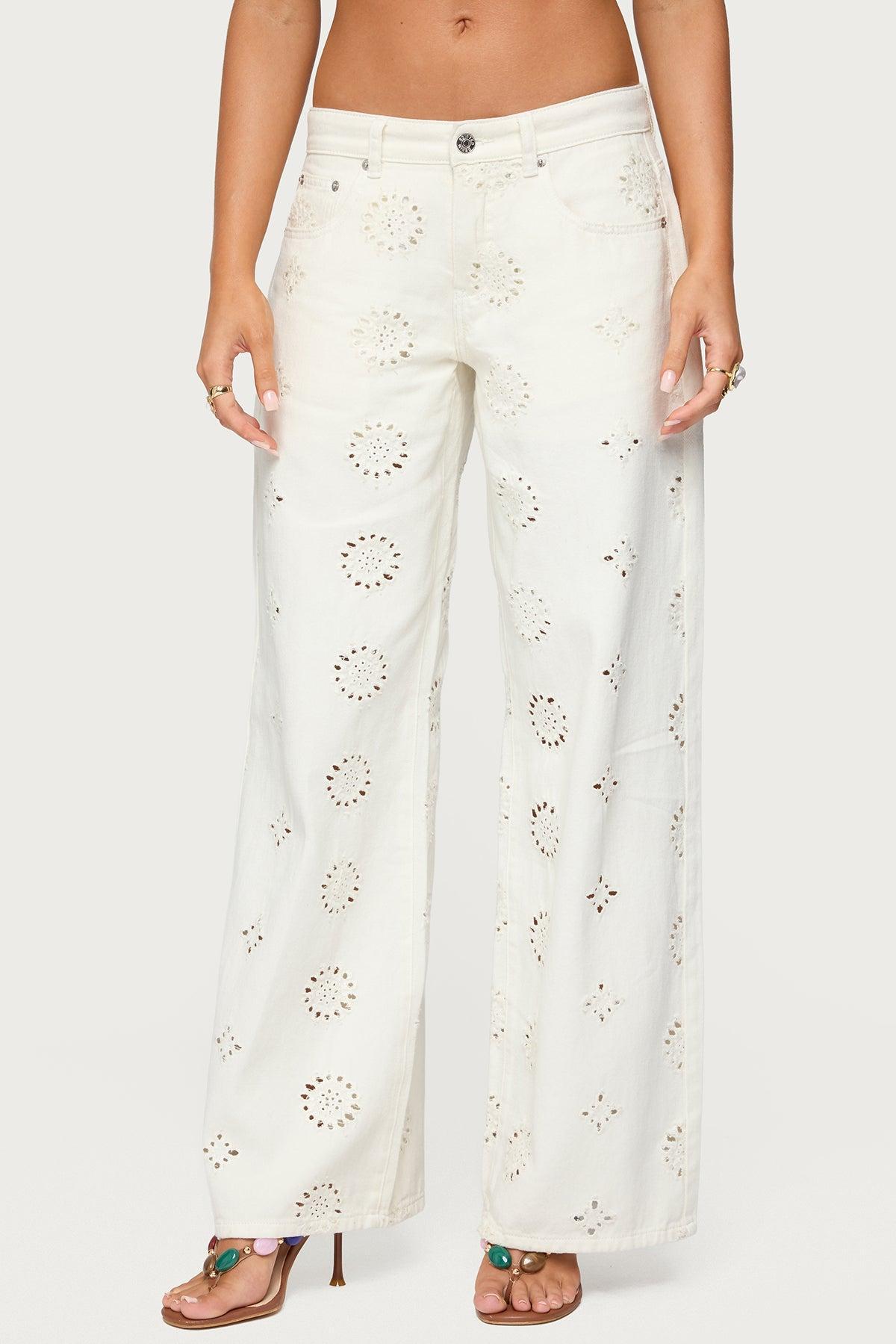 Eyelet Low Rise Wide Leg Jeans Product Image