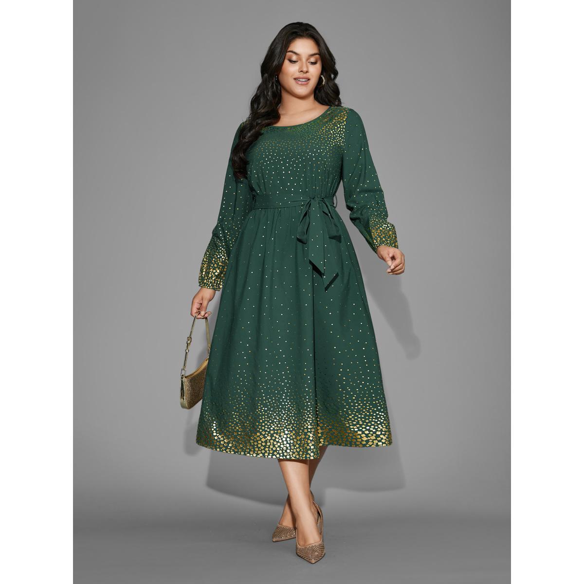 Plus Size Glitter Round Neck Belted Lantern Sleeve Dress DarkGreen Women Cocktail Texture Party Curvy Bloomchic 14-16/1X Product Image