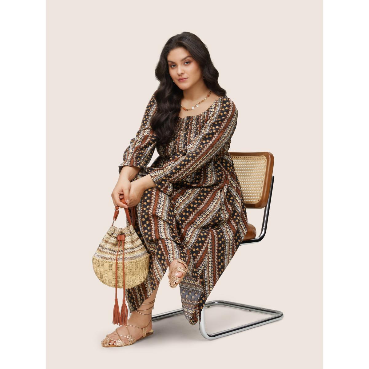 Plus Size Bandana Print Square Neck Shirred Gathered Dress Multicolor Women Vacation Gathered Square Neck Long Sleeve Curvy Midi Dress BloomChic 14-16/1X Product Image