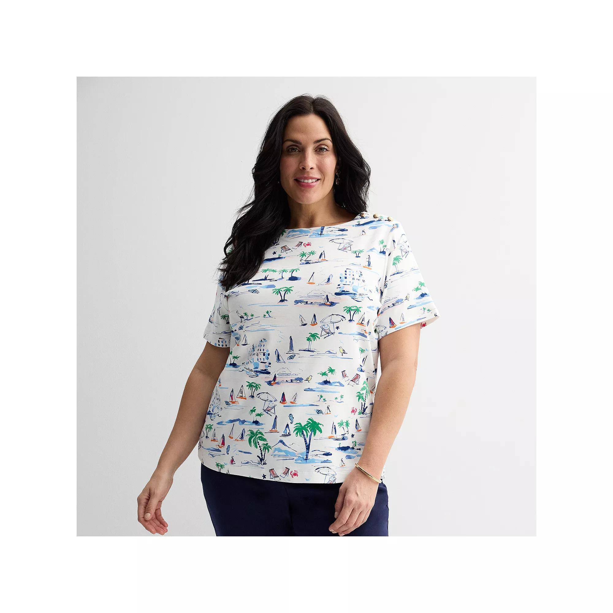 Plus Size Croft & Barrow® Button Shoulder Tee, Women's, Size: 2XL, Coastal Scene Product Image