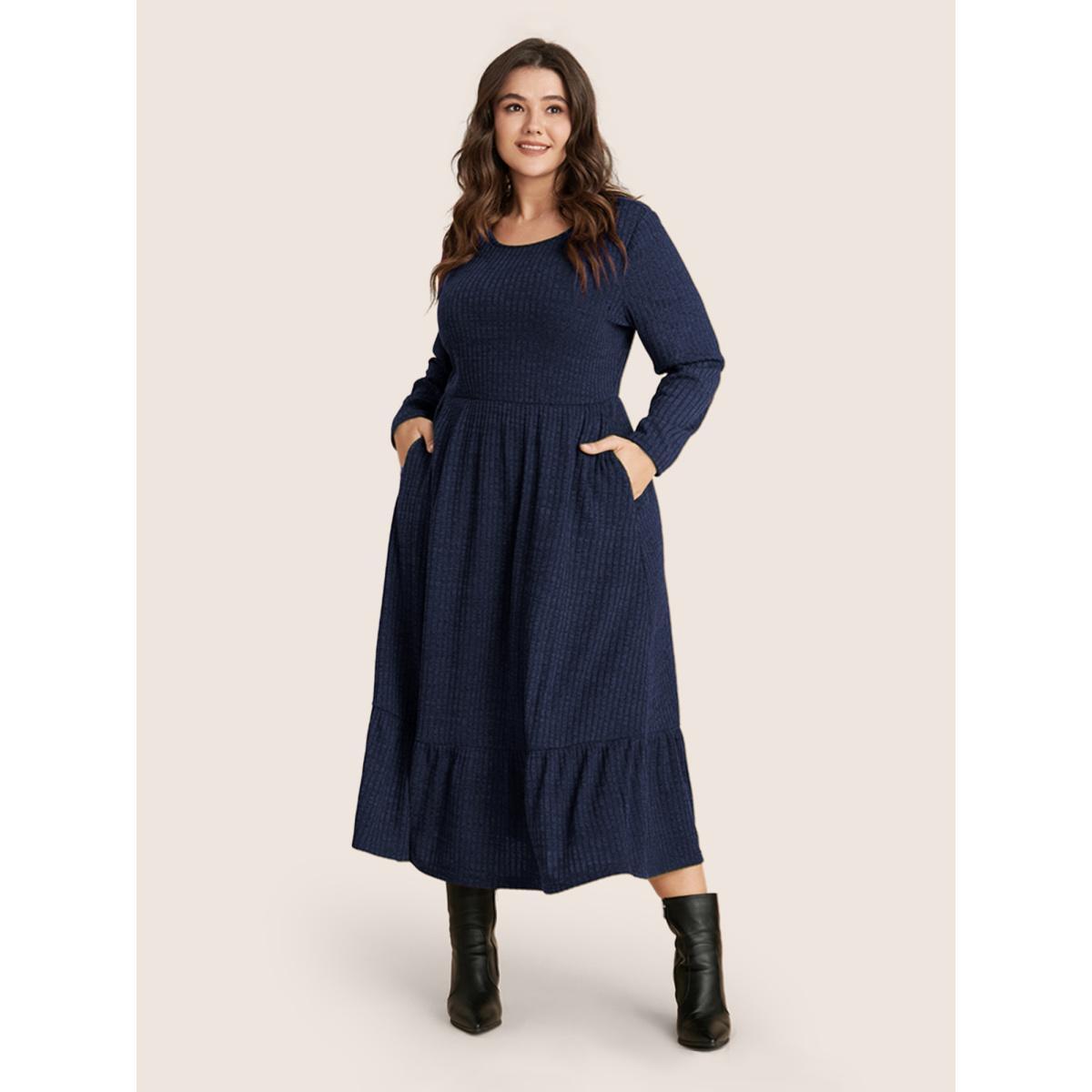 Plus Size Solid Pocket Rib Knit Ruffle Hem Dress Without Belt DarkBlue Women Basics Non Round Neck Long Sleeve Curvy Midi Dress BloomChic 30/6X Product Image