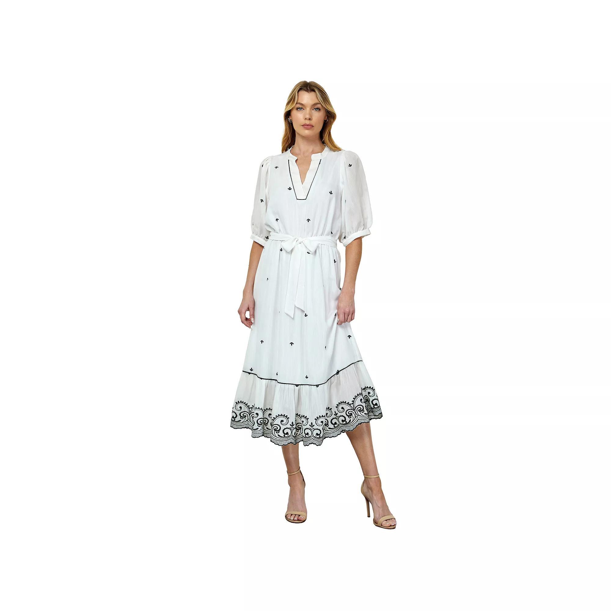 Women's Figueroa & Flower V-Neck Embroidered Peasant Dress, Size: Large, Chambray Product Image
