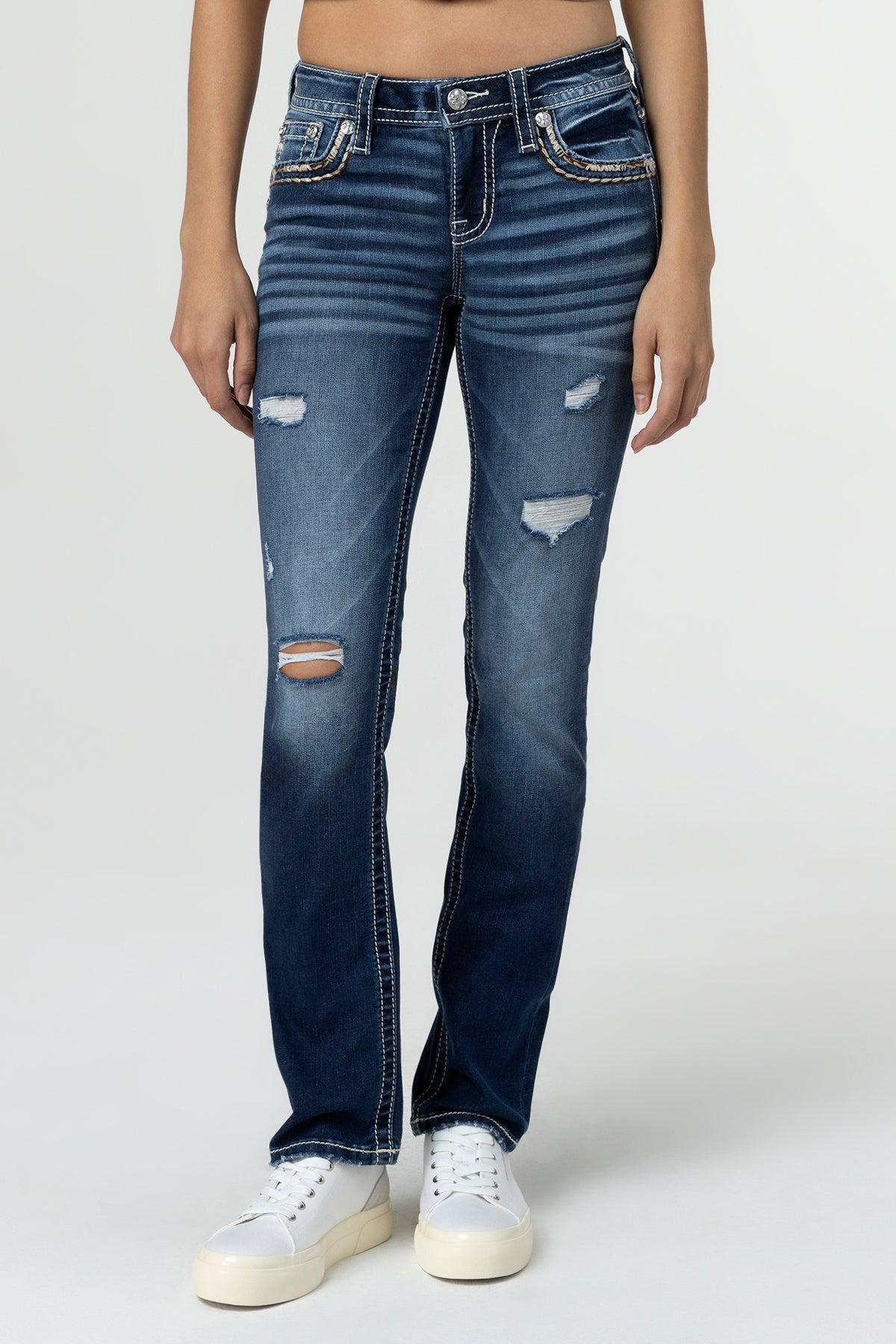 Torn Saddle Stitch Straight Jeans Product Image