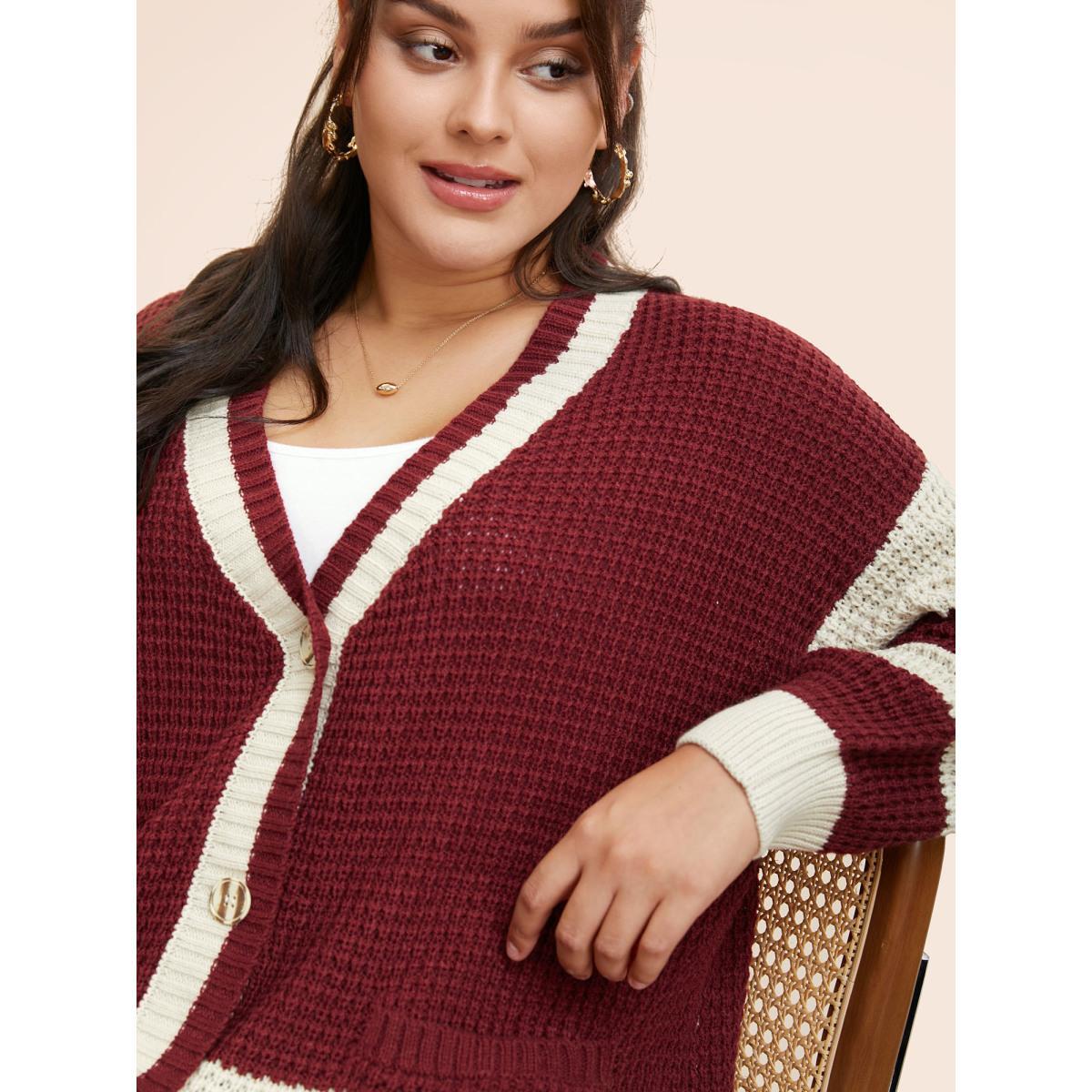 Plus Size Colorblock Contrast Textured Patched Pocket Cardigan Scarlet Women Casual Loose Long Sleeve Everyday Cardigans BloomChic 26/4X Product Image