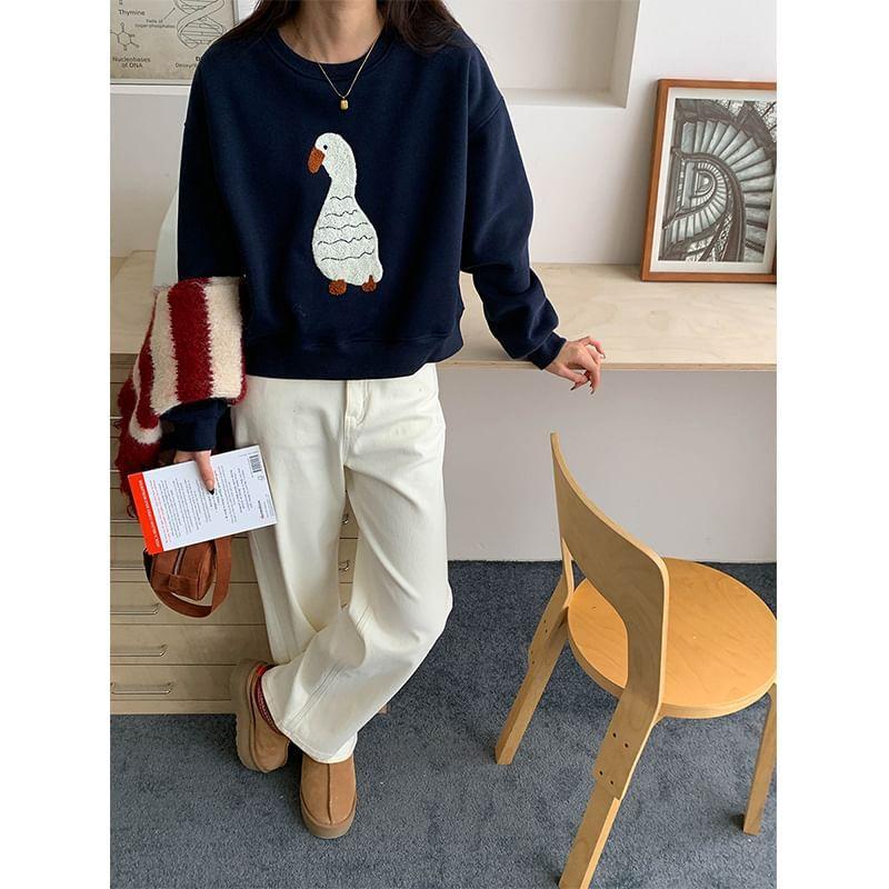 Round Neck Duck Patterned Fleece-Lined Sweatshirt Product Image