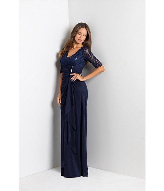 Betsy & Adam Sequin Lace V-Neck 3/4 Sleeve Gown Product Image