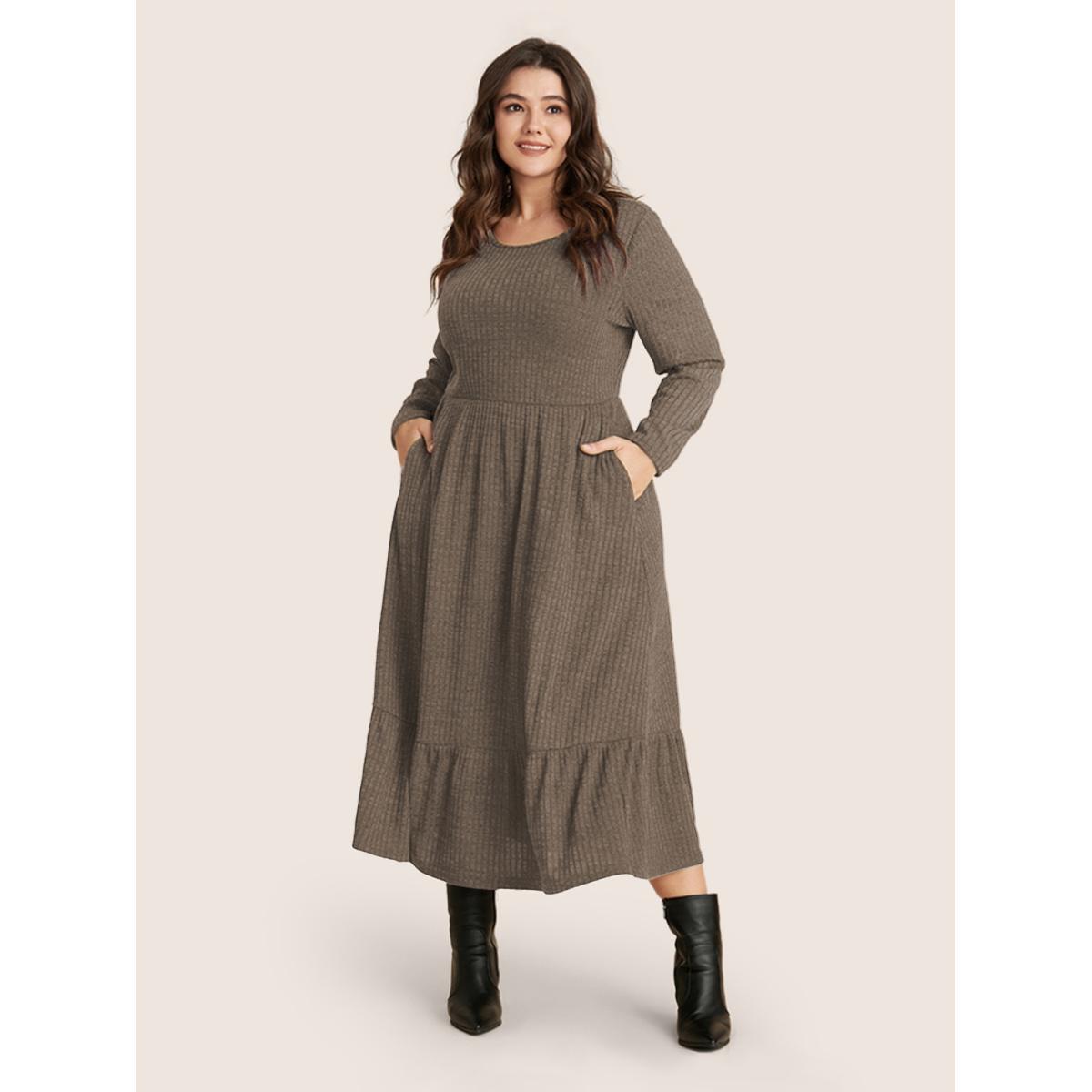 Plus Size Solid Pocket Rib Knit Ruffle Hem Dress Without Belt Bronze Women Basics Non Round Neck Long Sleeve Curvy Midi Dress BloomChic 28/5X Product Image