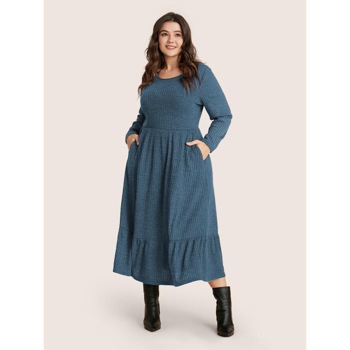Plus Size Solid Pocket Rib Knit Ruffle Hem Dress Without Belt Stone Women Basics Non Round Neck Long Sleeve Curvy Midi Dress BloomChic 30/6X Product Image
