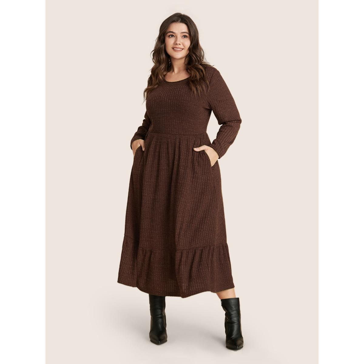Plus Size Solid Pocket Rib Knit Ruffle Hem Dress Without Belt ArmyGreen Women Basics Non Round Neck Long Sleeve Curvy Midi Dress BloomChic 14-16/1X Product Image