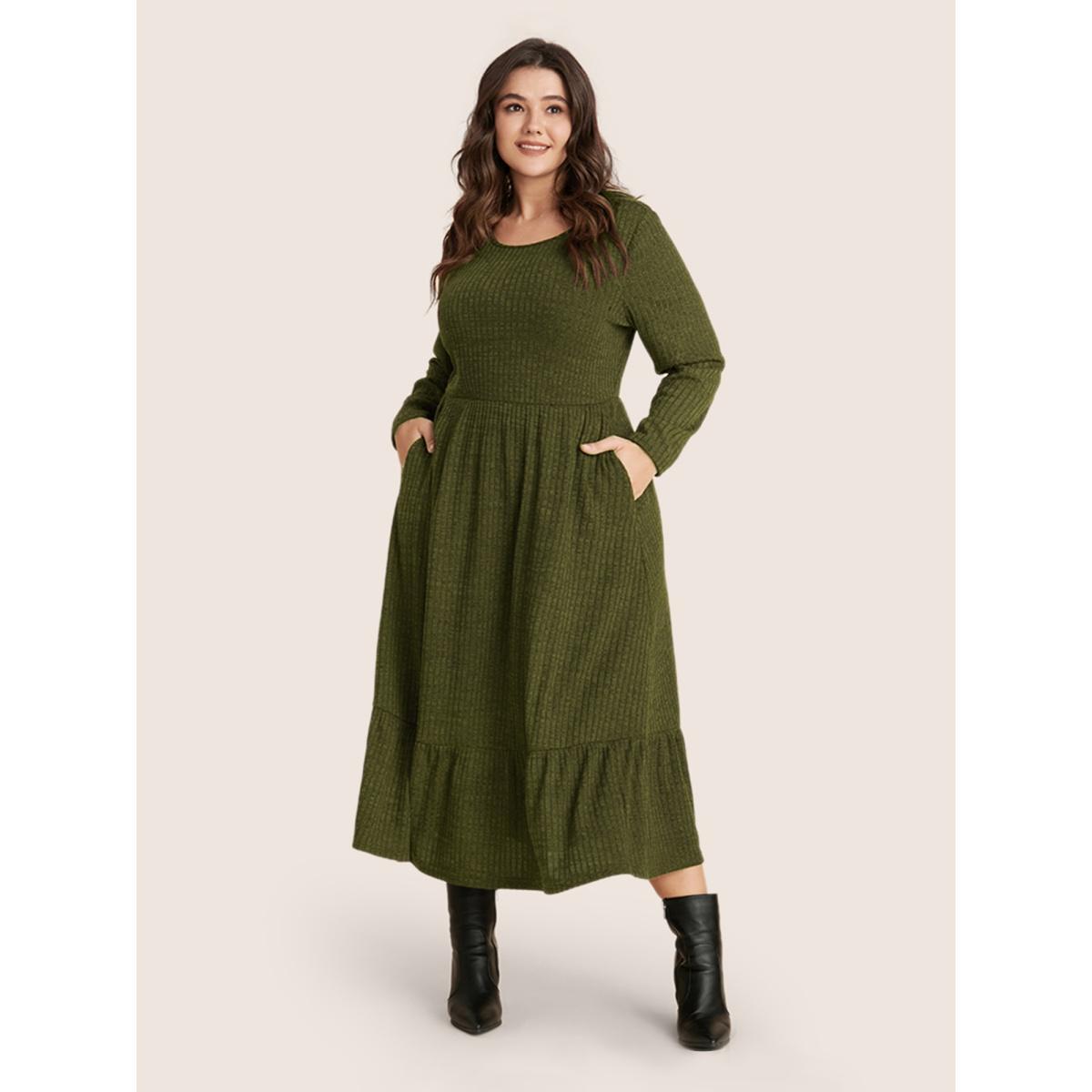 Plus Size Solid Pocket Rib Knit Ruffle Hem Dress Without Belt ArmyGreen Women Basics Non Round Neck Long Sleeve Curvy Midi Dress BloomChic 10/M Product Image
