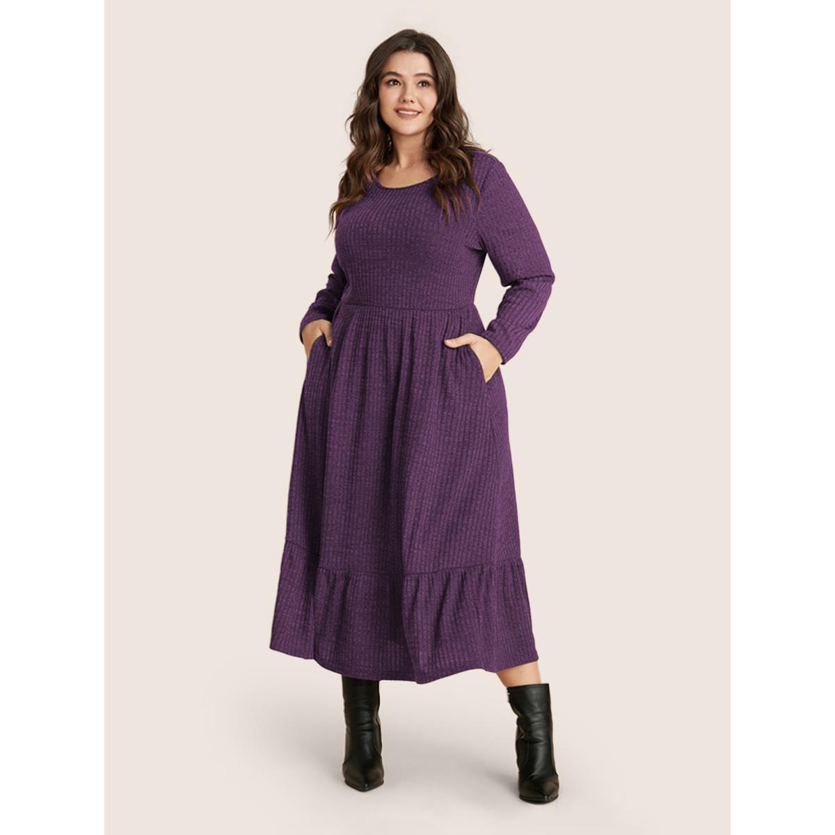 Plus Size Solid Pocket Rib Knit Ruffle Hem Dress Without Belt ArmyGreen Women Basics Non Round Neck Long Sleeve Curvy Midi Dress BloomChic 14-16/1X Product Image