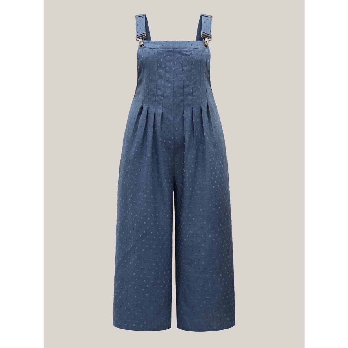 Plus Size Mediumblue Textured Plicated Detail Overall Straps Jumpsuit Women Sleeveless Square Neck Everyday-Casual Loose Jumpsuits BloomChic 30/6X Product Image