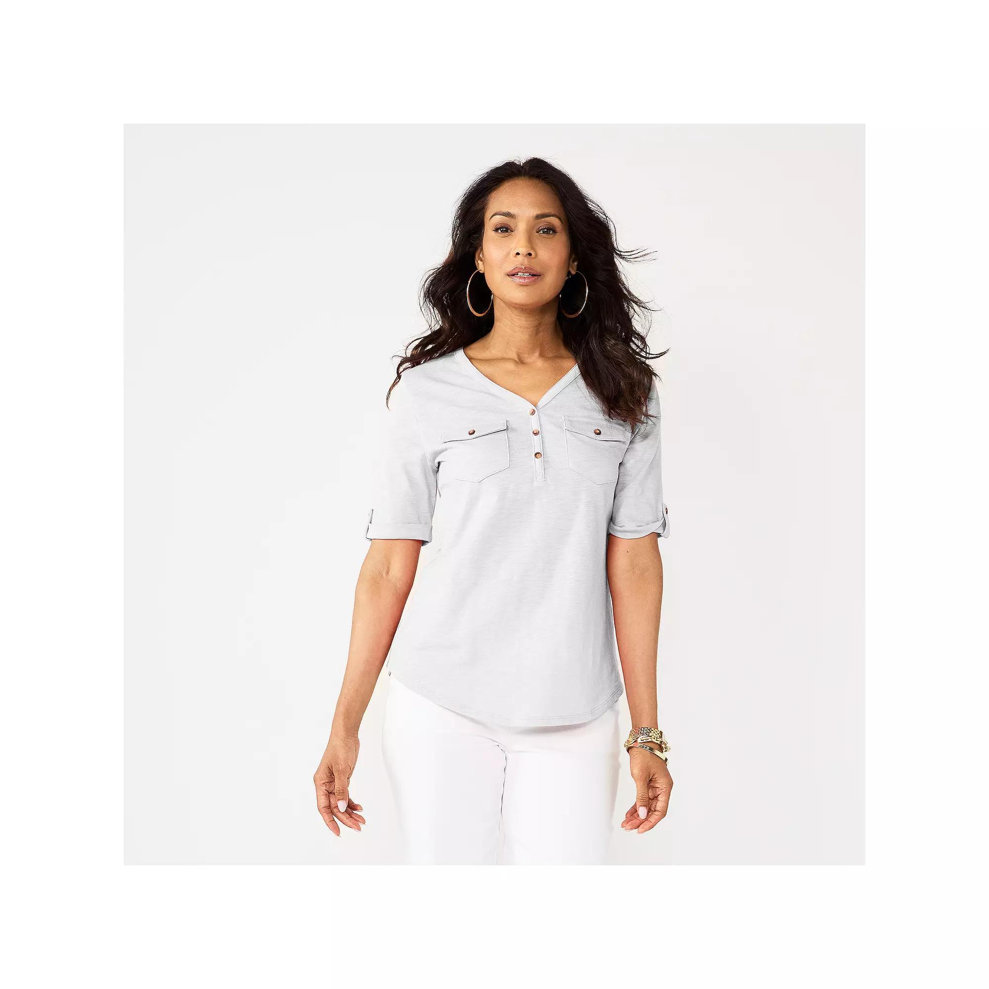Petite Croft & Barrow® Elbow Sleeve Utility Henley Top, Women's, Size: XS Petite, White Product Image