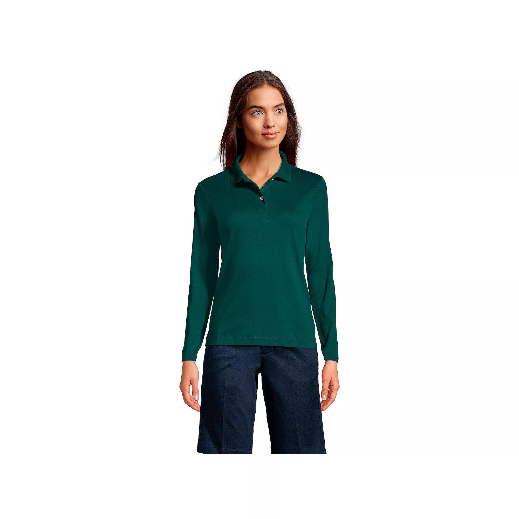 Women's Lands' End School Uniform Long Sleeve 2-Button Interlock Polo Shirt, Size: XS, White Product Image