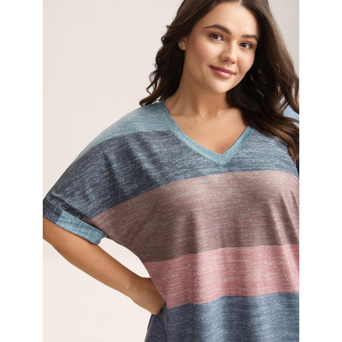 Plus Size Multi-Color Summer Stripes T-Shirt Stone Women Casual Contrast V-neck Everyday-Casual T-shirts BloomChic 28/5X Product Image