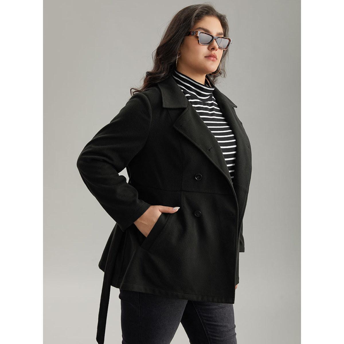 Plus Size Plain Belted Double Breasted Pocket Coat Women Black Casual Plain Ladies Dailywear Winter Coats BloomChic 18-20/2X Product Image