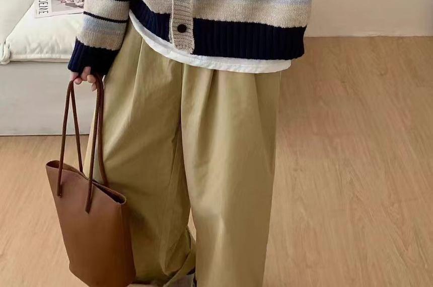 V-Neck Striped Button-Up Cardigan Product Image