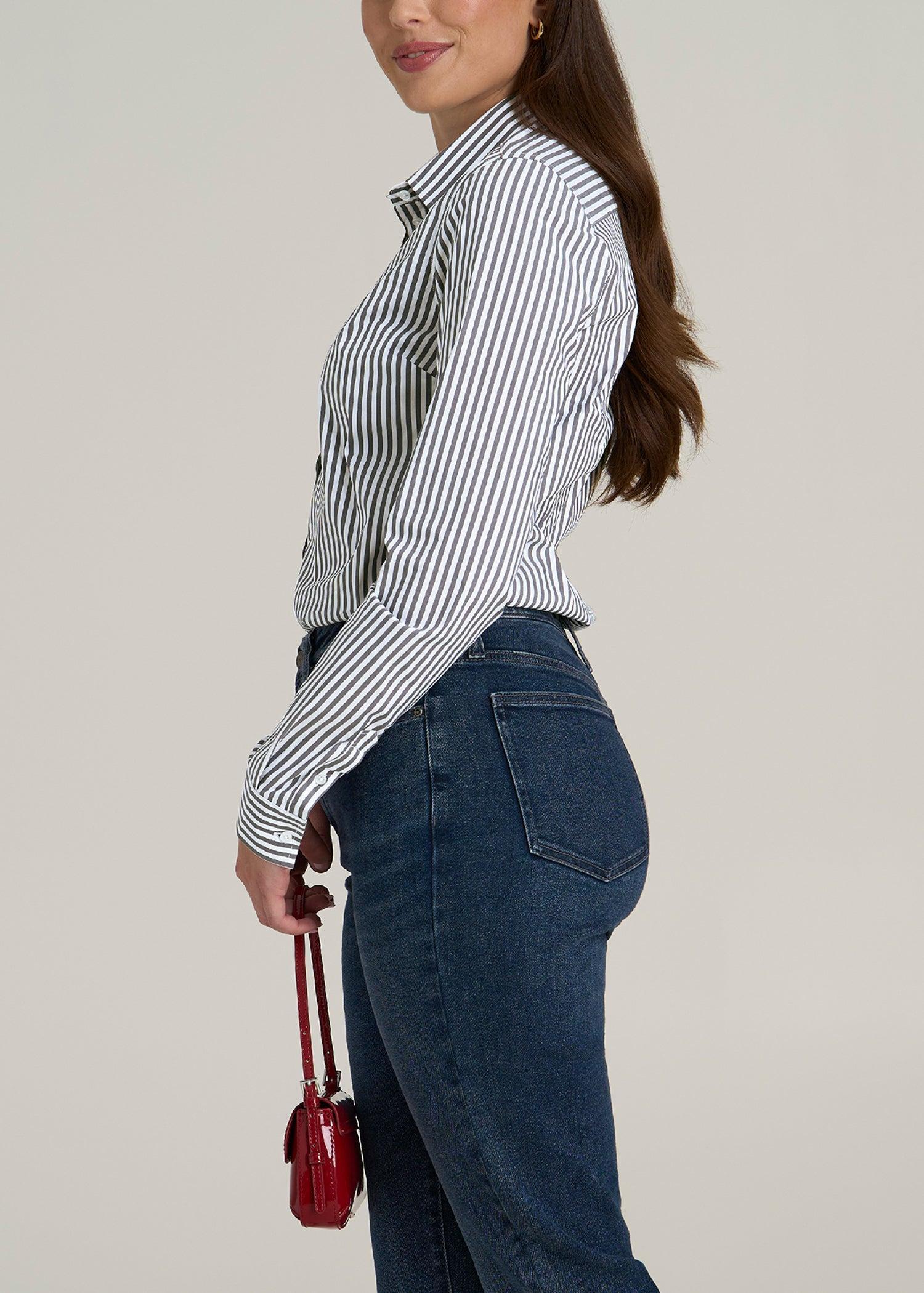 Slim Fit Button Up Women's Tall Shirt in Grey and White Stripe Product Image