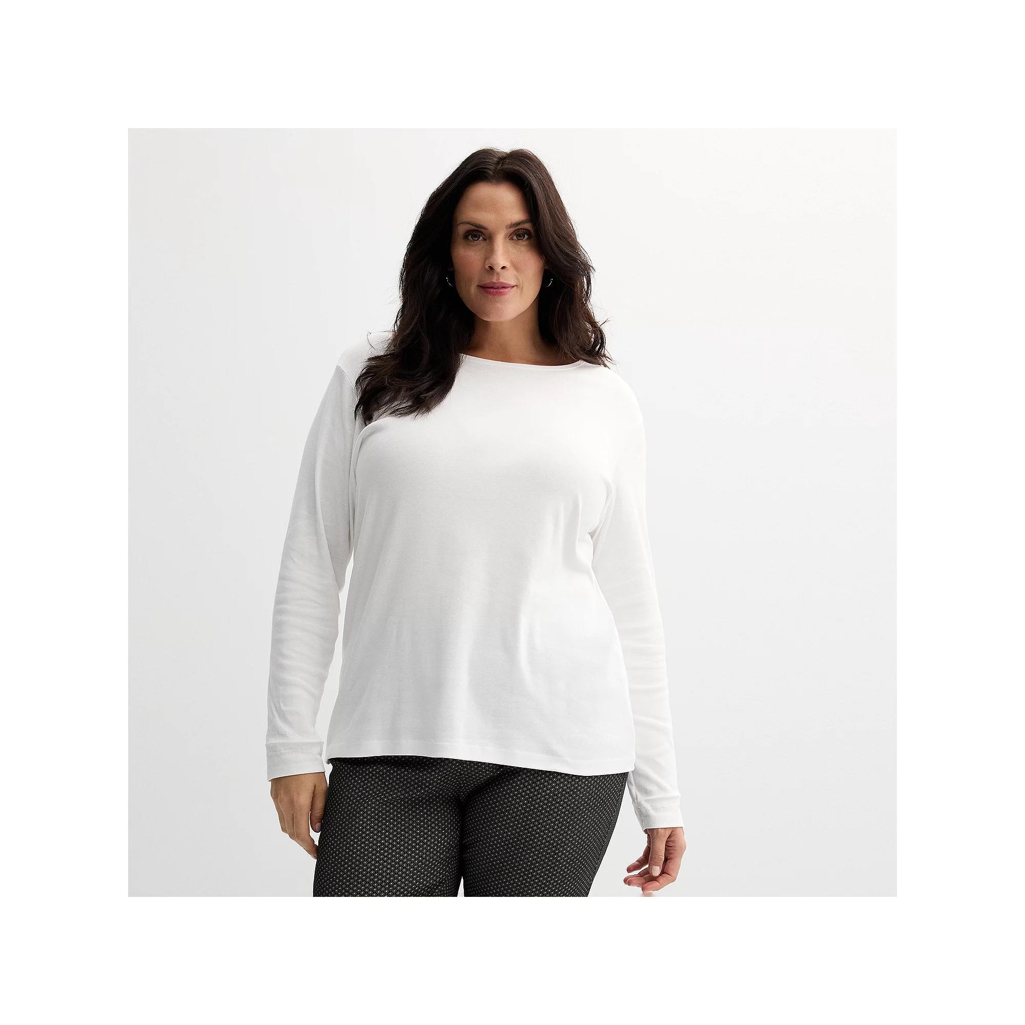 Plus Size Croft & Barrow® Essential Crewneck Long Sleeve Tee, Women's, Size: 4XL, White Product Image
