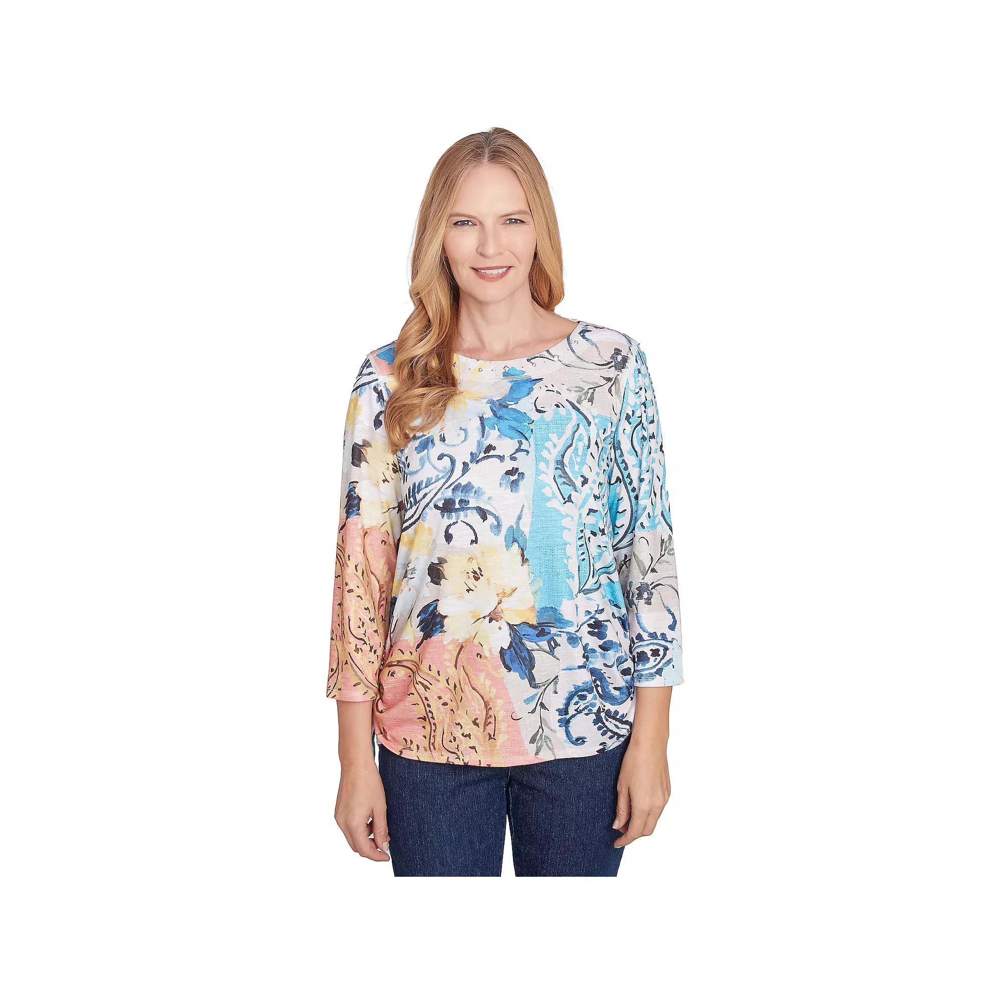 Women's Alfred Dunner Floral Patch Drawstring Side Top, Size: Large, Multi Blue Product Image