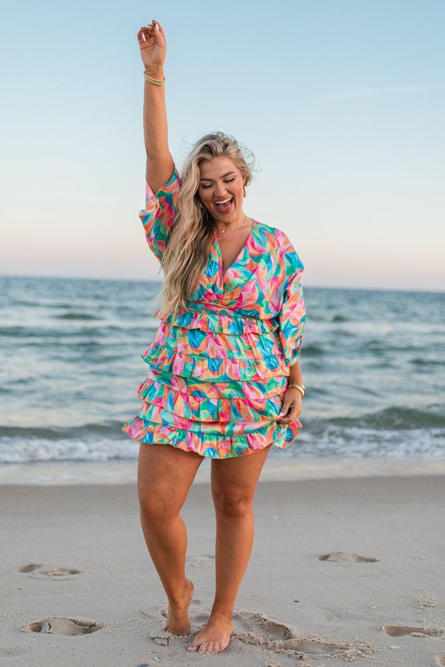 Fun And Flirty In Kaleidoscope Dreams Satin Ruffle Detail Dress SALE Product Image