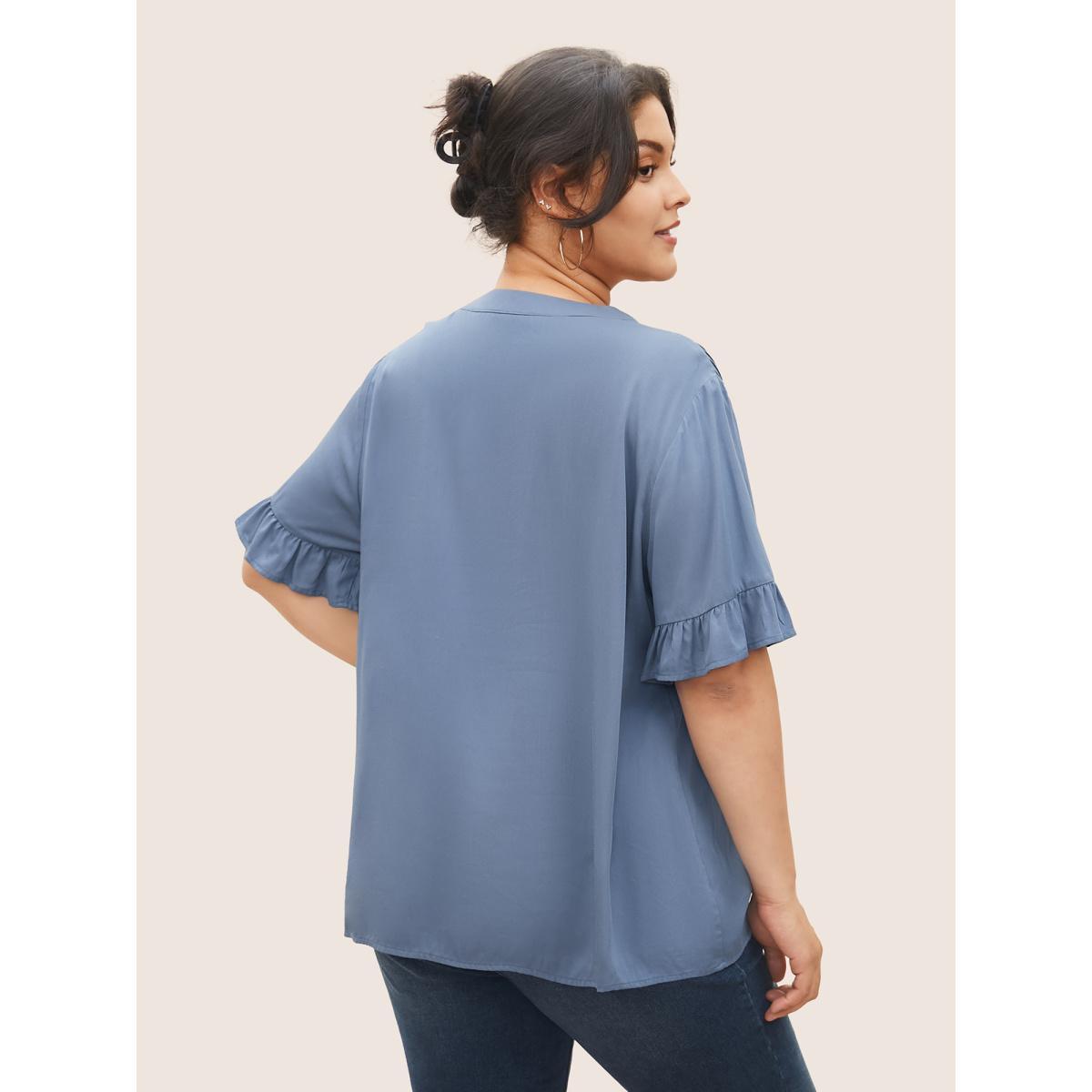 Plus Size Stone Rayon Solid Pleated Patchwork Ruffles Blouse Women Casual Half Sleeve Flat collar Everyday Blouses BloomChic 28/5X Product Image