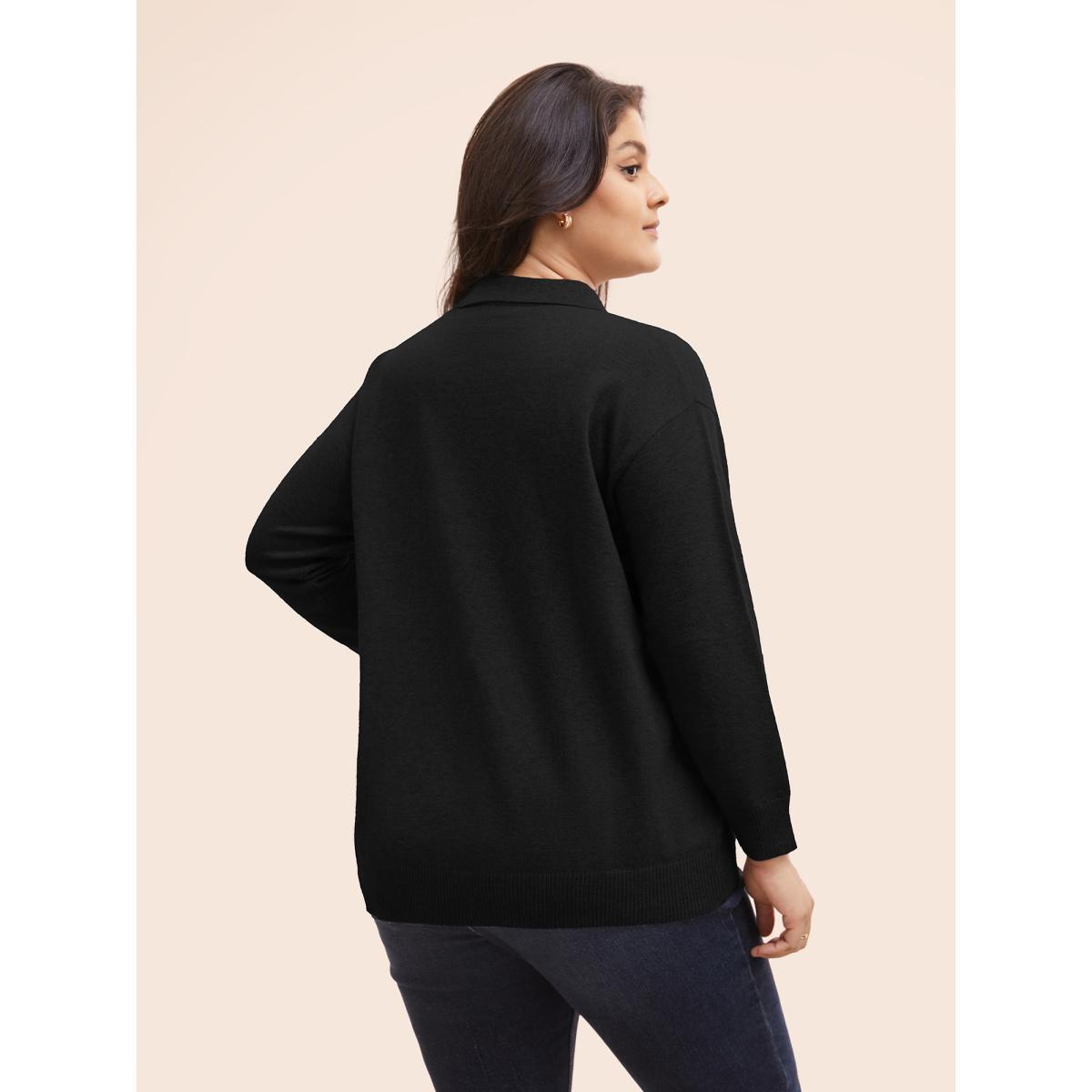 Plus Size Polo Neck Drop Shoulder Sleeve Soft Pullover Black Women Casual Long Sleeve Polo Everyday Pullovers BloomChic 12/L Product Image